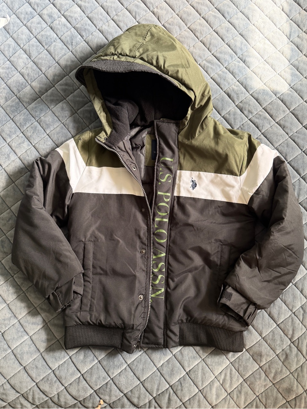 U.S. Polo Assn. Olive, Black & White Colorblock Hooded Puffer Jacket